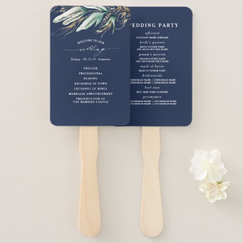 Greenery Gold Leaves Navy Blue Wedding Program Hand Fan