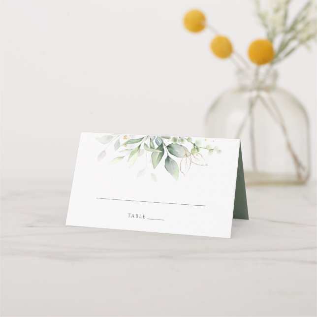 Greenery Gold Leaves Watercolor Elegant Place Card (Front)