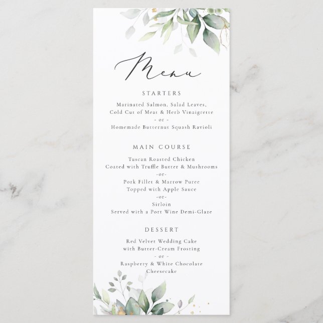 Greenery Gold Leaves Watercolor Eucalyptus Wedding Menu (Front)