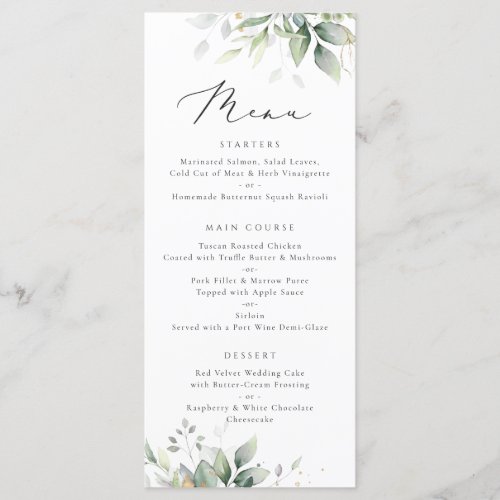 Greenery Gold Leaves Watercolor Eucalyptus Wedding Menu