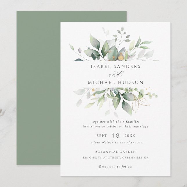 Greenery Gold Leaves Watercolor Foliage Modern Invitation (Front/Back)