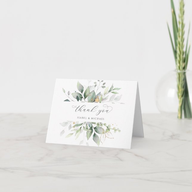 Greenery Gold Leaves Watercolor Foliage Modern Thank You Card (Front)