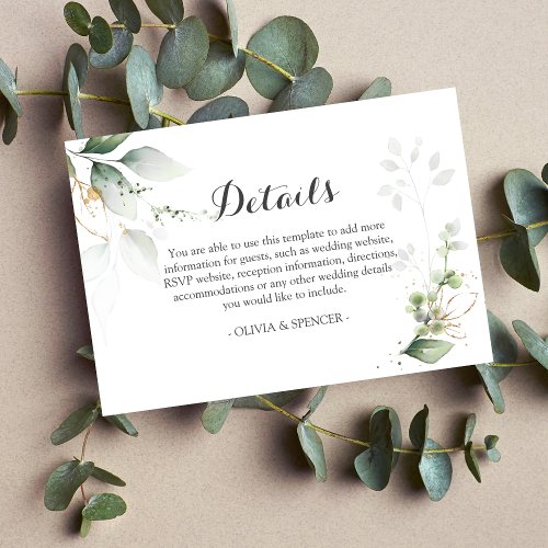 Greenery Gold Leaves Wedding Reception Details Enclosure Card