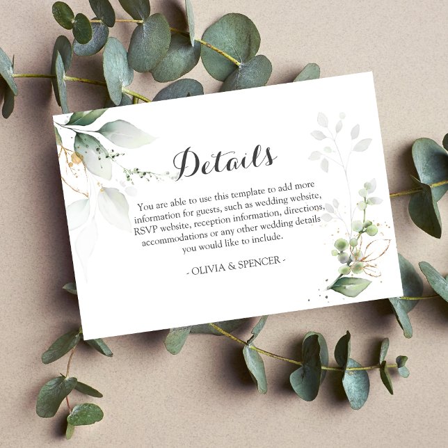 Greenery Gold Leaves Wedding Reception Details Enclosure Card (Detail Wedding Enclosure Card)