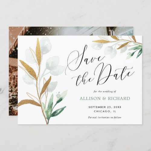 Greenery gold leaves with photo back save the date invitation