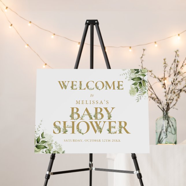 Greenery Gold Letter Baby Shower Welcome Sign (In Situ (Stand))