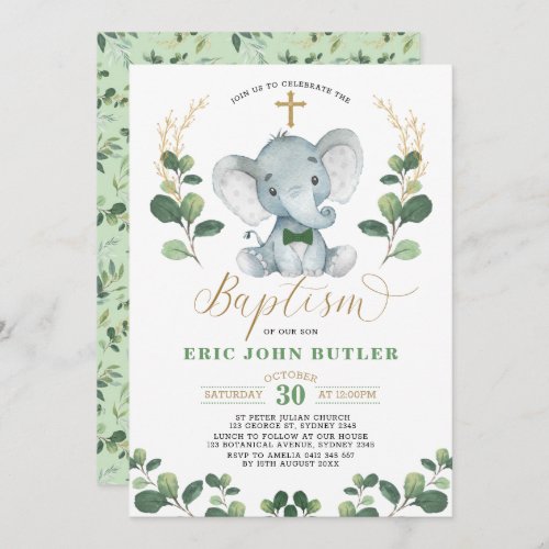 Greenery Gold Little Man Elephant Bowtie Baptism Invitation