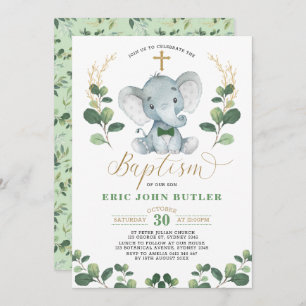 Greenery Gold Little Man Elephant Bowtie Baptism Invitation