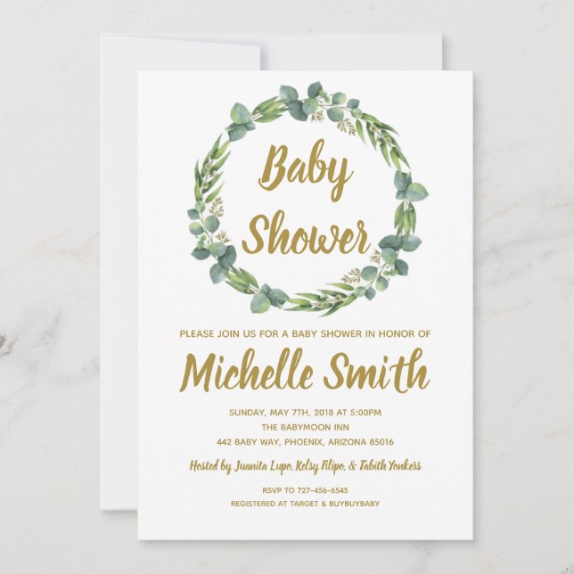 Greenery Gold Minimalist Olive Branch Baby Shower Invitation (Front)