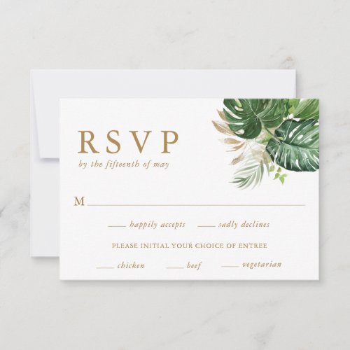 Greenery Gold Modern Tropical Wedding RSVP Card