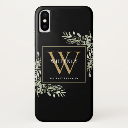 Greenery Gold Monogram Elegant Modern Black iPhone X Case