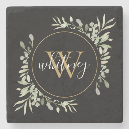 Greenery Gold Monogram Elegant Script Black Stone Coaster