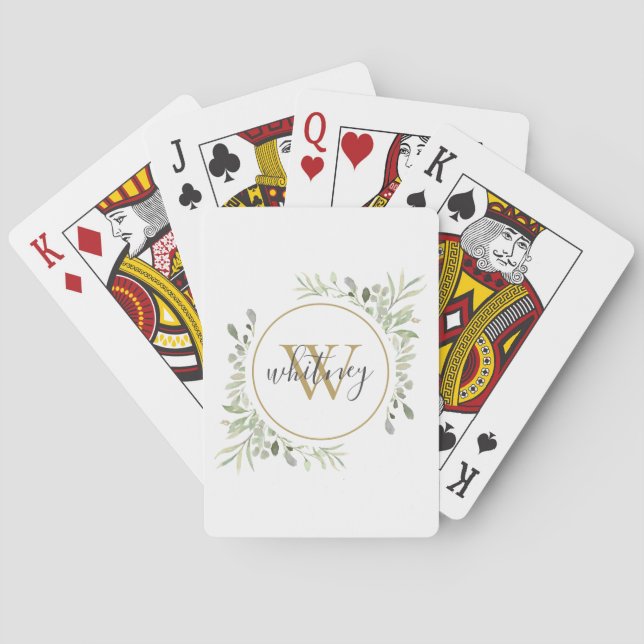 Greenery Gold Monogram Elegant Script Poker Cards (Back)