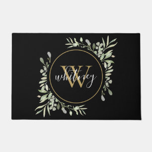 Greenery Gold Monogram Girly Script Black Doormat