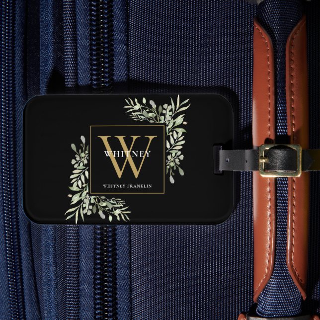 Greenery Gold Monogram Modern Black Luggage Tag (Front Insitu 4)