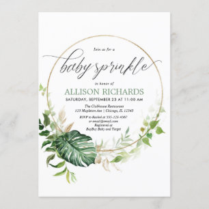Greenery gold monstera tropical baby sprinkle invitation