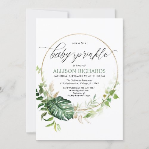 Greenery gold monstera tropical baby sprinkle invitation