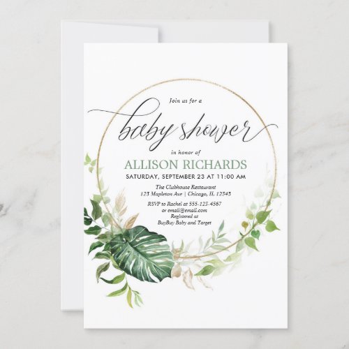 Greenery gold monstera tropical leaves baby shower invitation