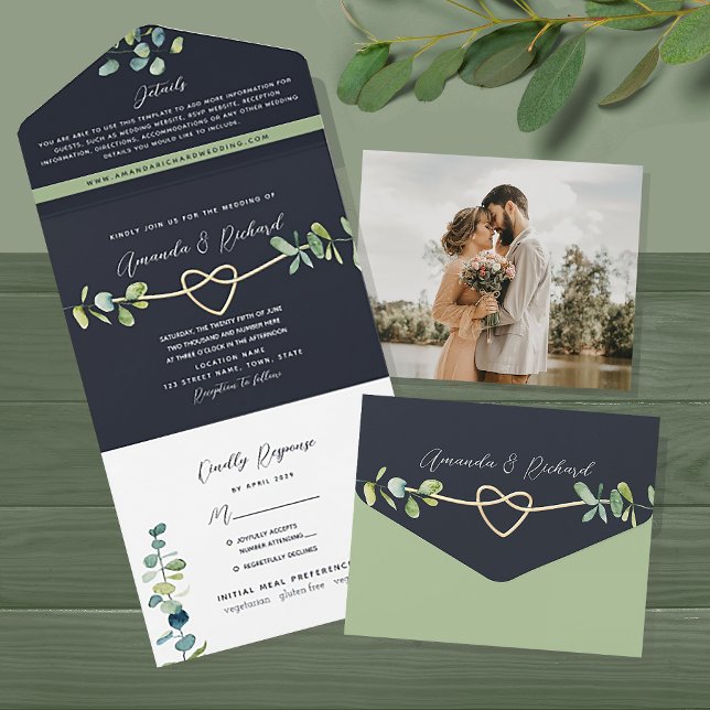 Greenery Gold Navy Wedding All In One Invitation (Creator Uploaded)