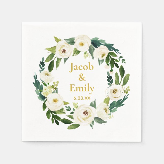 Greenery Gold Personalized Names Date Wedding Napkins (Front)