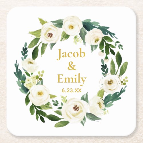Greenery Gold Personalized Names Date Wedding Square Paper Coaster