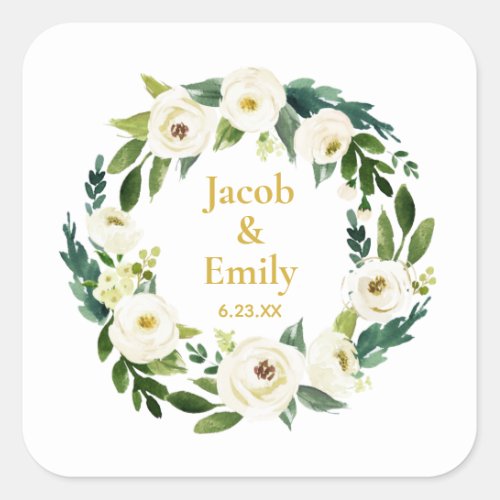 Greenery Gold Personalized Names Date Wedding Square Sticker