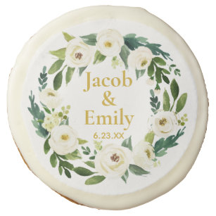 Greenery Gold Personalized Names Date Wedding  Sugar Cookie