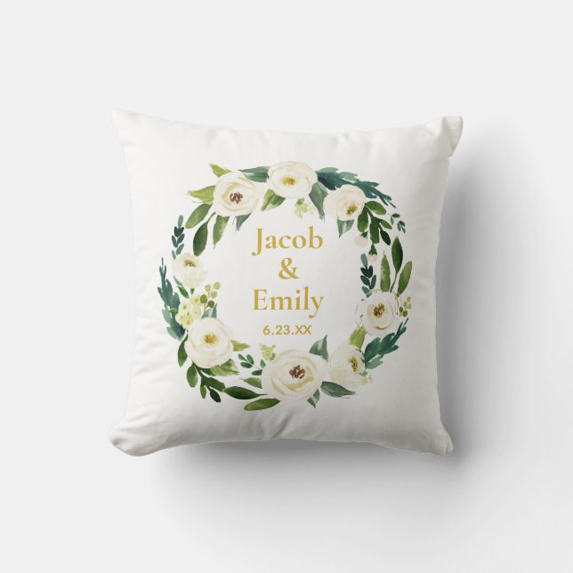 Greenery Gold Personalized Names Date Wedding Throw Pillow (Front)