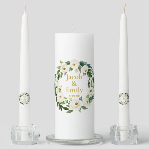 Greenery Gold Personalized Names Date Wedding Unity Candle Set