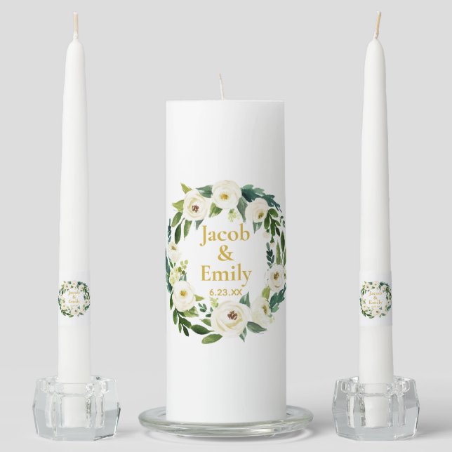 Greenery Gold Personalized Names Date Wedding Unity Candle Set (Front)