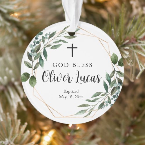 Greenery Gold Personalized Photo Baptism Ornament