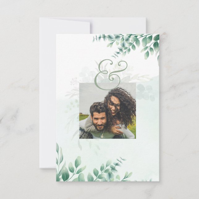 Greenery Gold PHOTO QR CODE Wedding Save Date RSVP Card (Front)