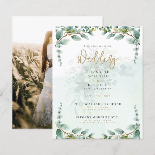 Greenery Gold PHOTO Wedding Invite BUDGET (Front/Back)