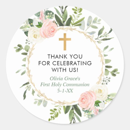 Greenery gold pink elegant first communion baptism classic round sticker