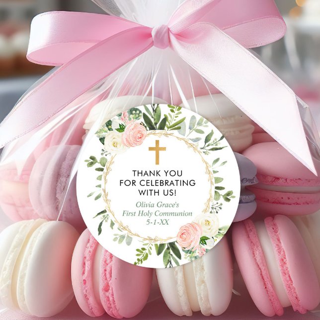 Greenery gold pink elegant first communion baptism classic round sticker (Creator Uploaded)