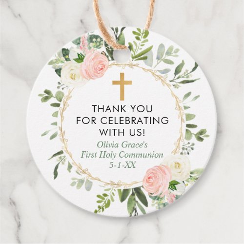 Greenery gold pink elegant first communion baptism favor tags
