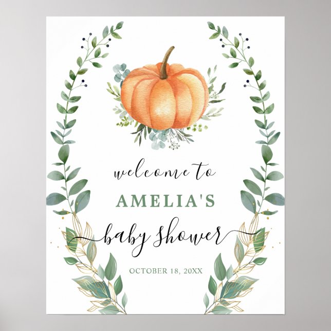 Greenery Gold Pumpkin Baby Shower Welcome Sign (Front)