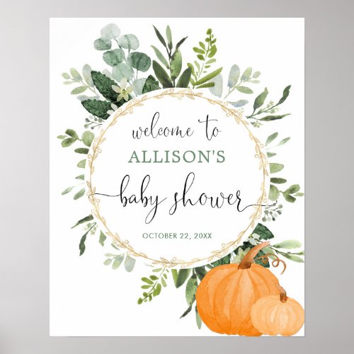 Greenery gold pumpkin baby shower welcome sign