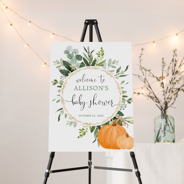 Greenery gold pumpkin baby shower welcome sign (In Situ (Stand))