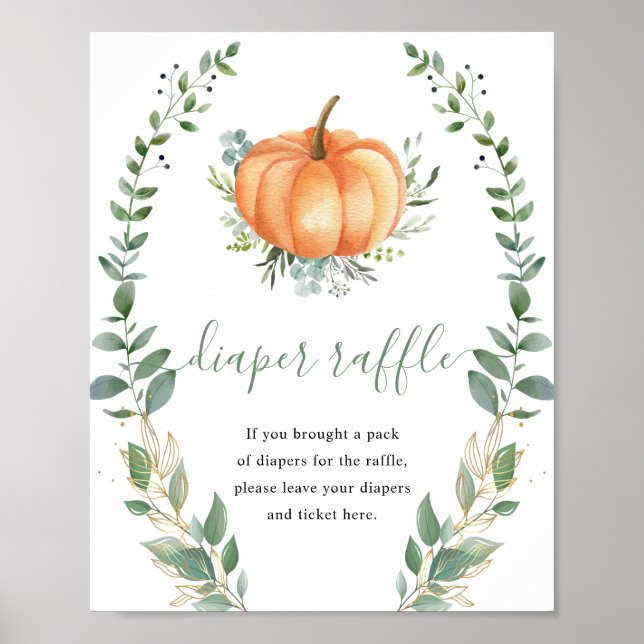 Greenery Gold Pumpkin Diaper Raffle Baby Shower Poster (Front)
