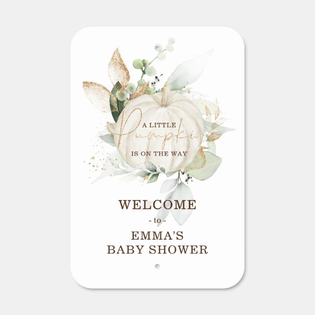 Greenery Gold Pumpkin Fall Baby Shower Welcome Metal Sign (Front)