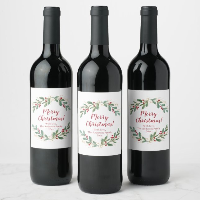 Greenery gold red holly elegant Christmas Wine Label (Bottles)