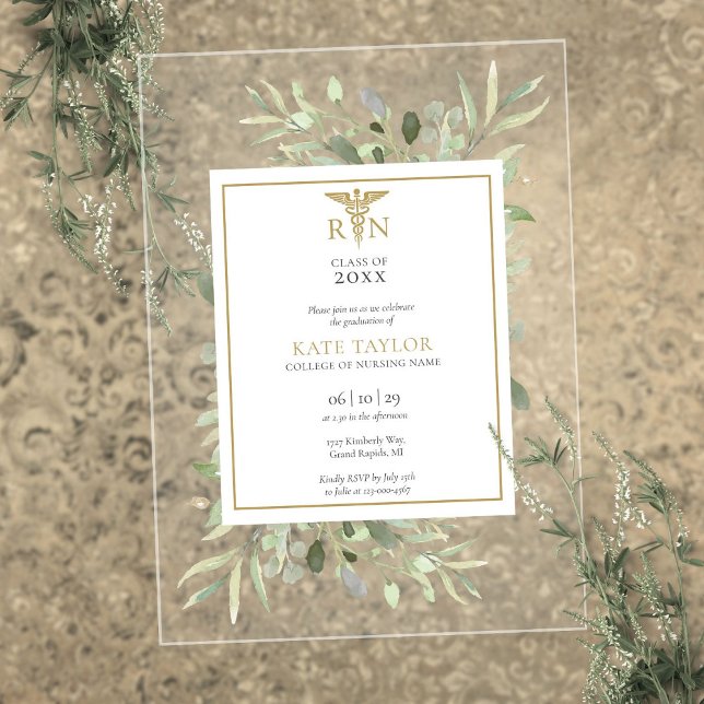 Greenery Gold RN Nursing Graduation Party Acrylic Invitations (Greenery Gold RN Nursing Graduation Party Acrylic Invitations)