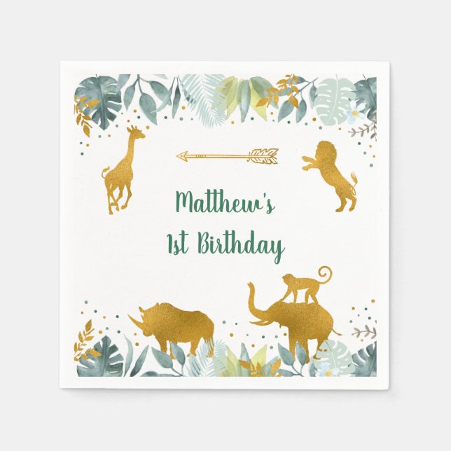 Greenery Gold Safari Animal Birthday Napkins (Front)