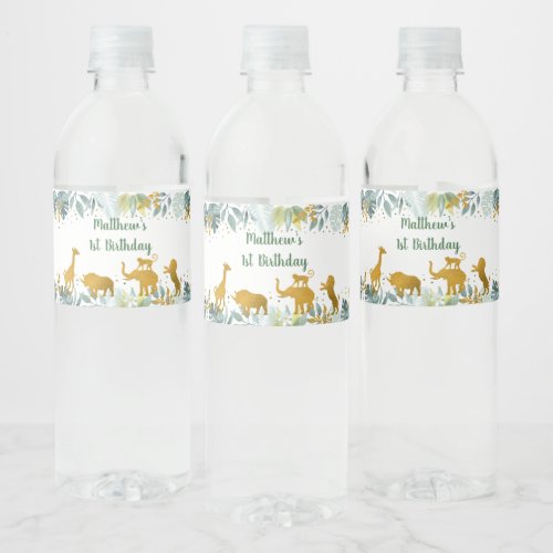 Greenery Gold Safari Animal Birthday Water Bottle Label