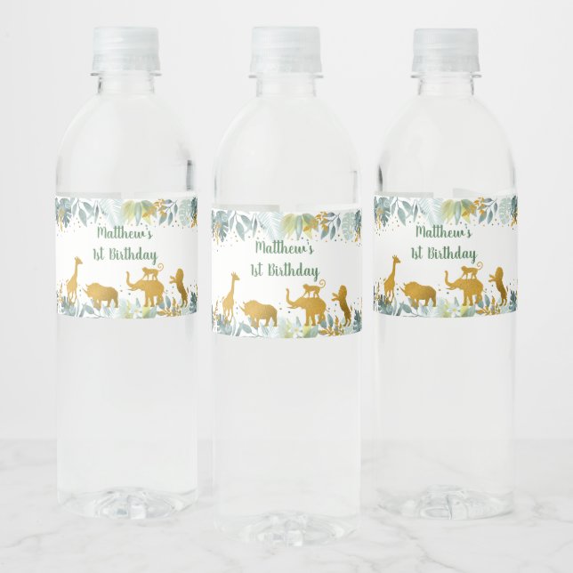 Greenery Gold Safari Animal Birthday Water Bottle Label (Bottles)