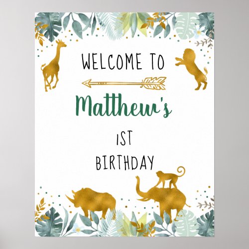 Greenery Gold Safari Animal Birthday Welcome Poster
