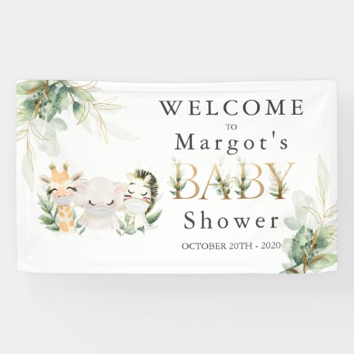 Greenery Gold Safari Animal Drive By Baby Shower Banner