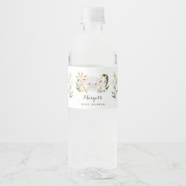 Greenery Gold Safari Animal Drive By Baby Shower Water Bottle Label (Front)