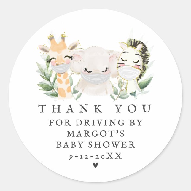 Greenery Gold Safari Animals Drive By Baby Shower Classic Round Sticker (Front)
